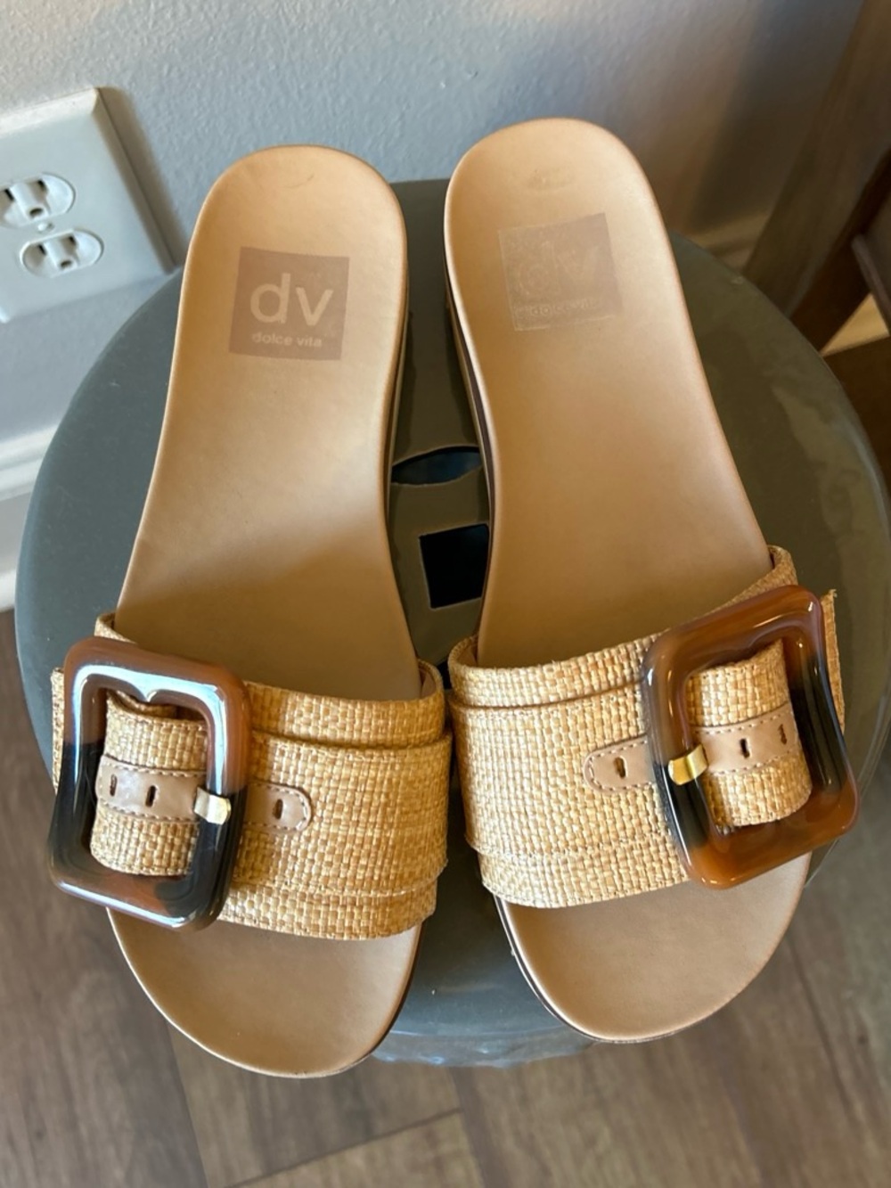 Dolce Vita Tan Woven Slide Mules with Tortoiseshell Buckle